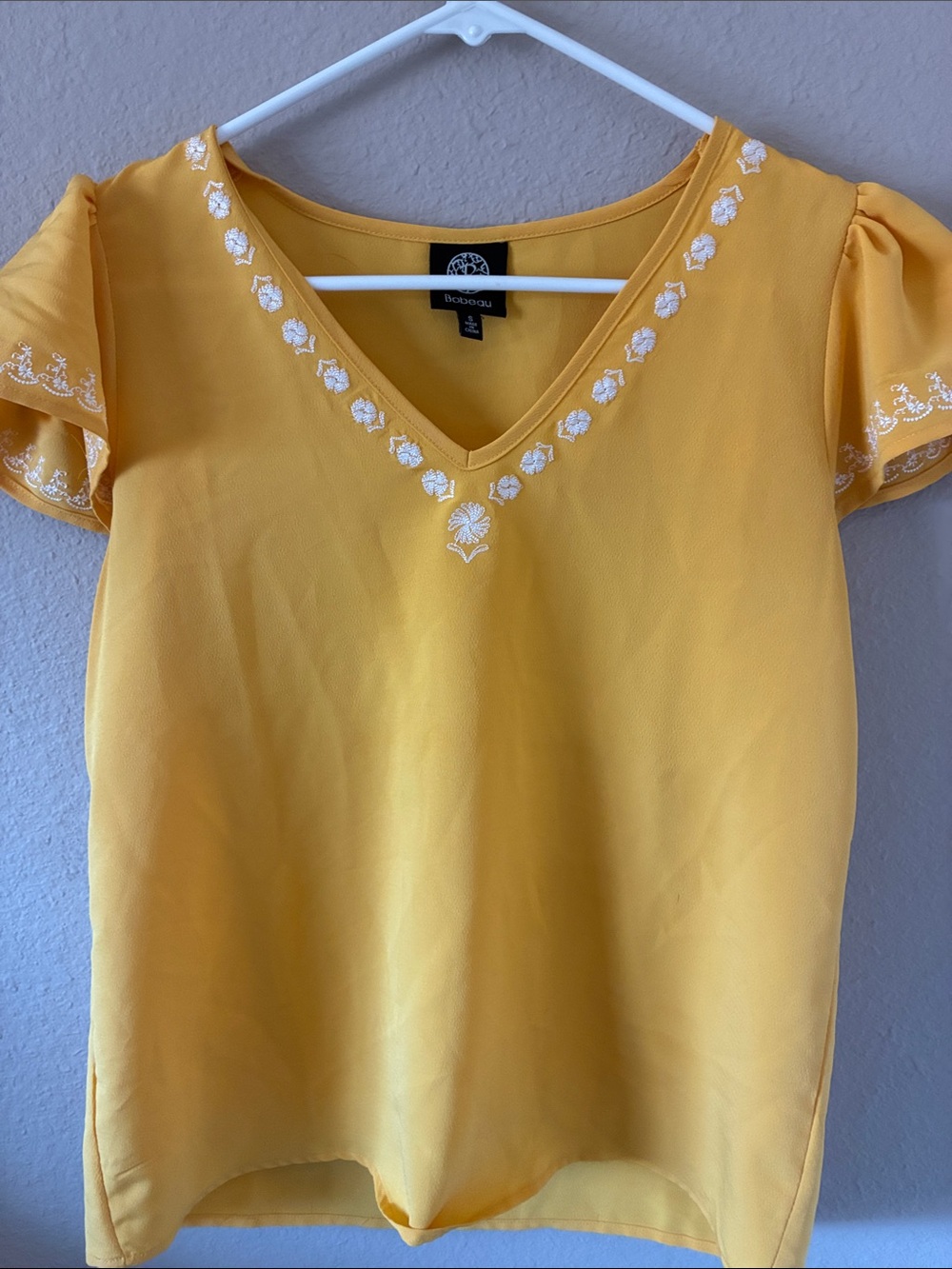 Boohoo Mustard V-Neck Flutter Sleeve Embroidered Top